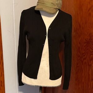 Elegant Black Ribbed Women's Cardigan Sweater Size L